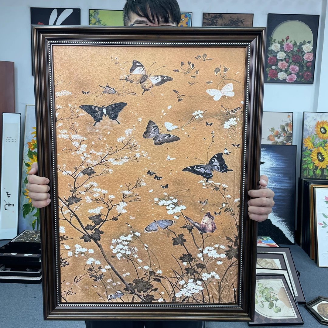 欧框百蝶砂岩花卉装饰画入户玄关美式客厅餐厅挂画背景画6080