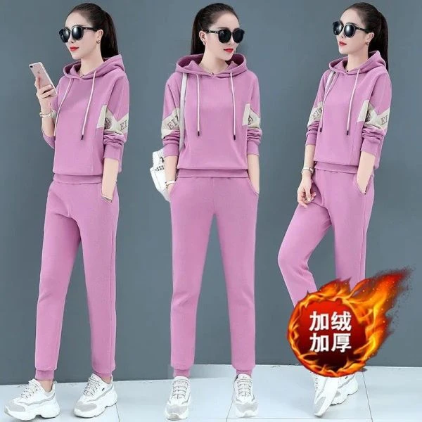 2025加绒加厚时尚运动休闲套装女秋冬季连帽长袖宽松卫衣两件套