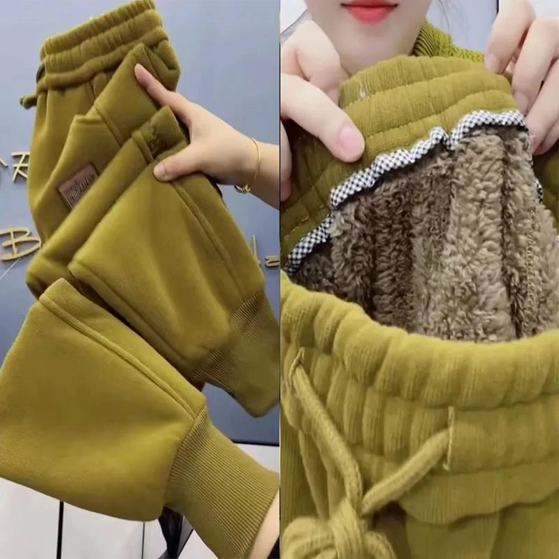加绒加厚冬季新款羊羔绒休闲裤高腰显瘦卫裤百搭保暖束脚哈伦裤