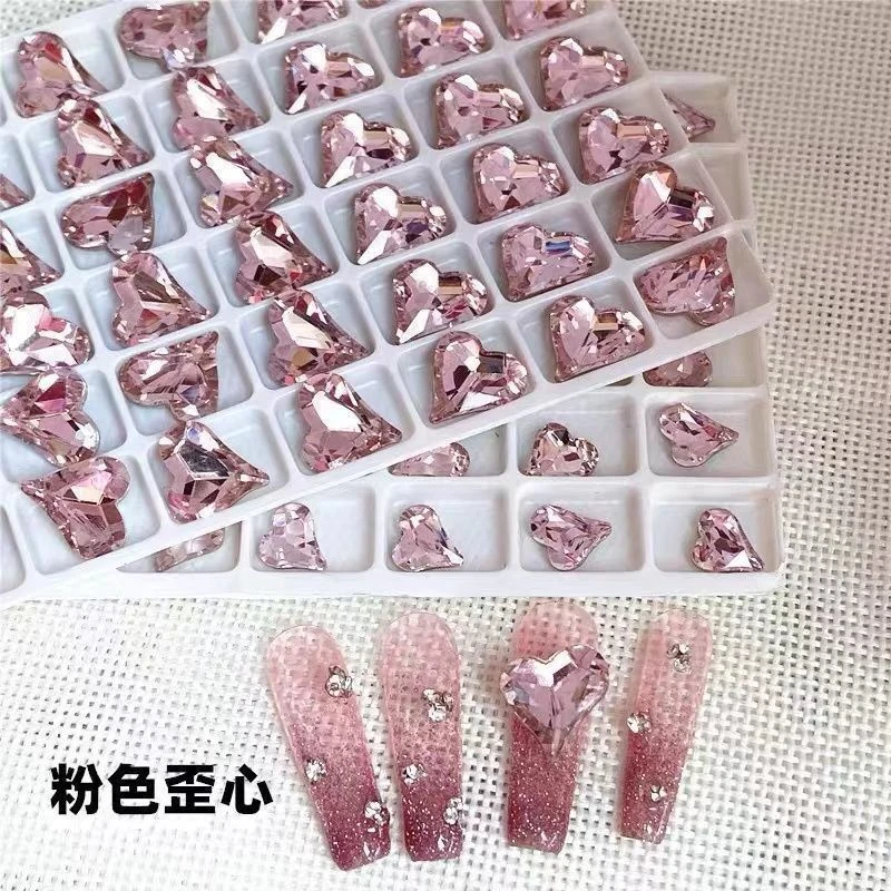 网红粉色美甲歪桃心初夏天少女指甲装饰爱心超闪k9尖底歪心美甲钻
