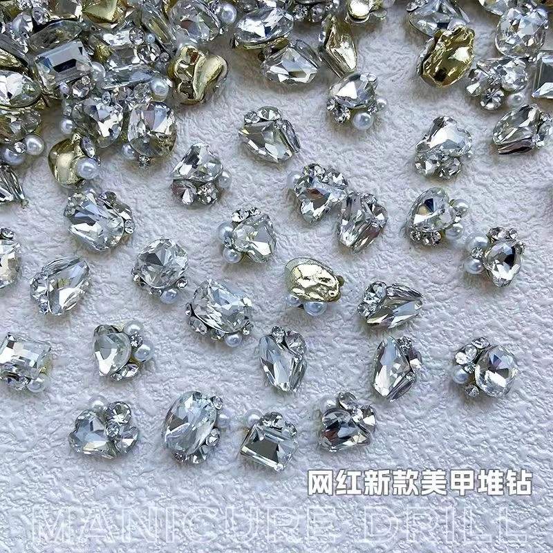 新款美甲堆钻成品歪心长方爱心肥方斧头钻超闪轻奢百搭珍珠水晶钻