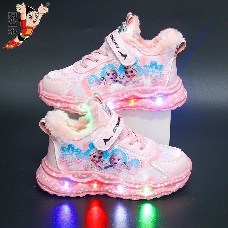 atongmu/阿童木带灯女童鞋子2025秋冬新款皮面防水软底公主运动鞋