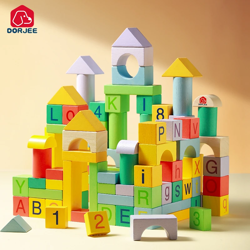 Dorjee（多吉）木制儿童拼装玩具84粒进口橡胶木1-3岁宝宝积木
