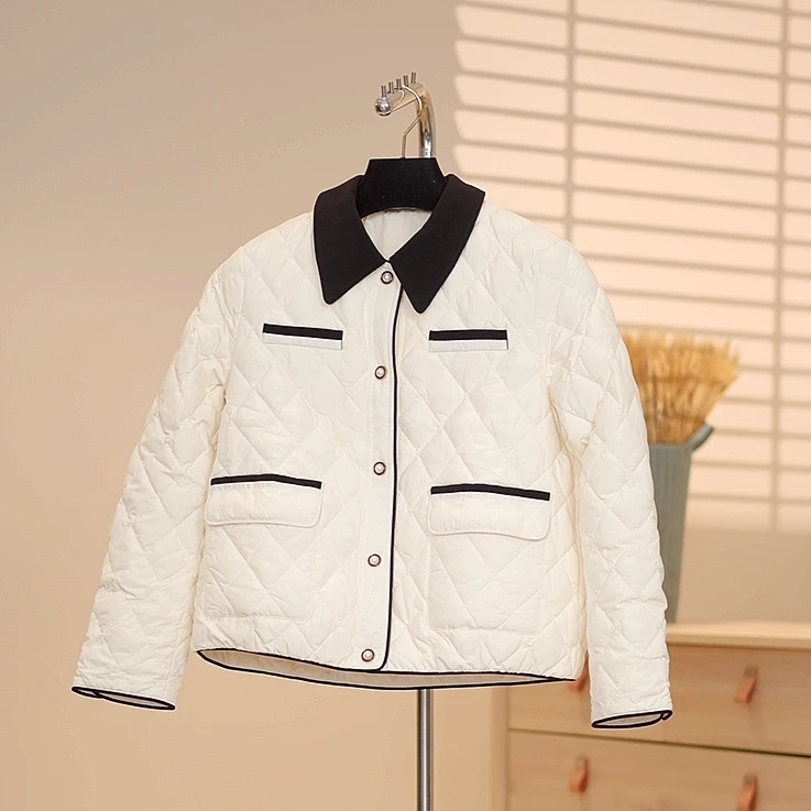 【CX】2024短款冬季法式名媛翻领菱格高级感宽松羽绒服