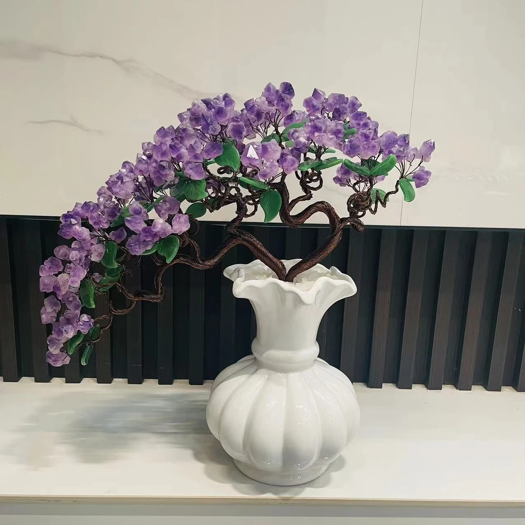 紫水晶树摆件白色欧式陶瓷迎客松摆件纯手工点缀精美白瓷创意酒店