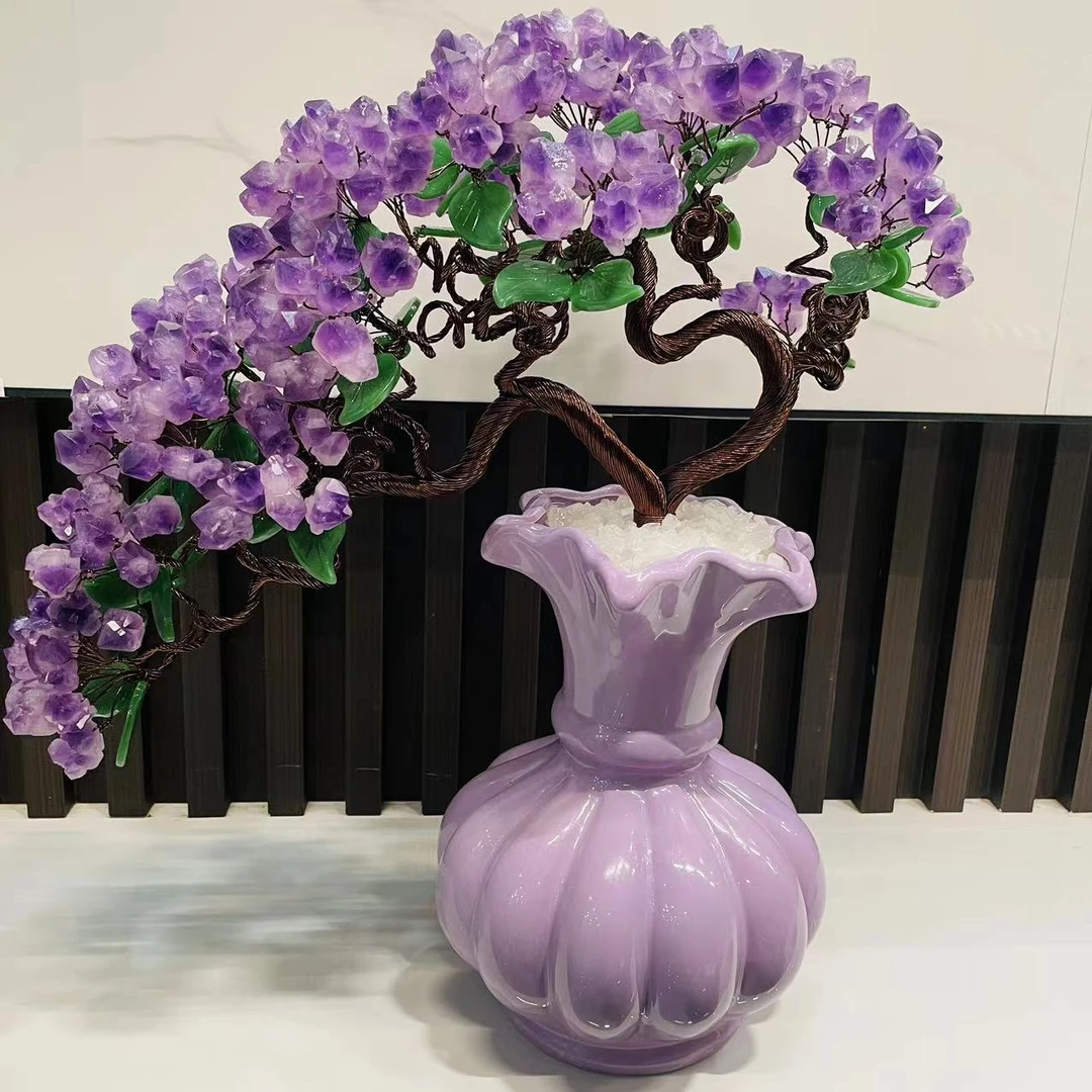 紫水晶树摆件紫色简欧式陶瓷迎客松摆件纯手工点缀精美轻奢时尚