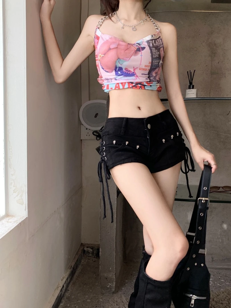 夏季爆款绑带设计辣妹低腰显瘦热裤美式复古vibe紧身黑色牛仔短裤