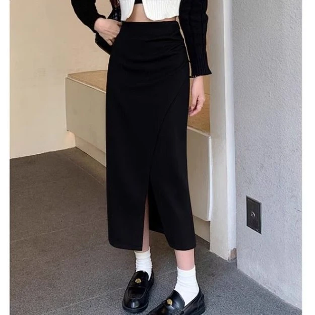 不规则开叉包臀半身裙子女秋冬中长款高腰褶皱修身一步裙毛呢长裙