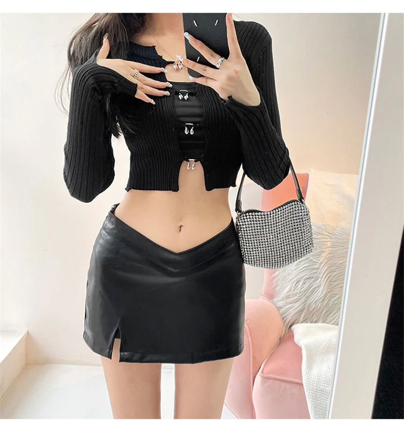 欧美辣妹V字低露腰PU皮短裙女夏季高腰显瘦开叉性感包臀裙半身裙