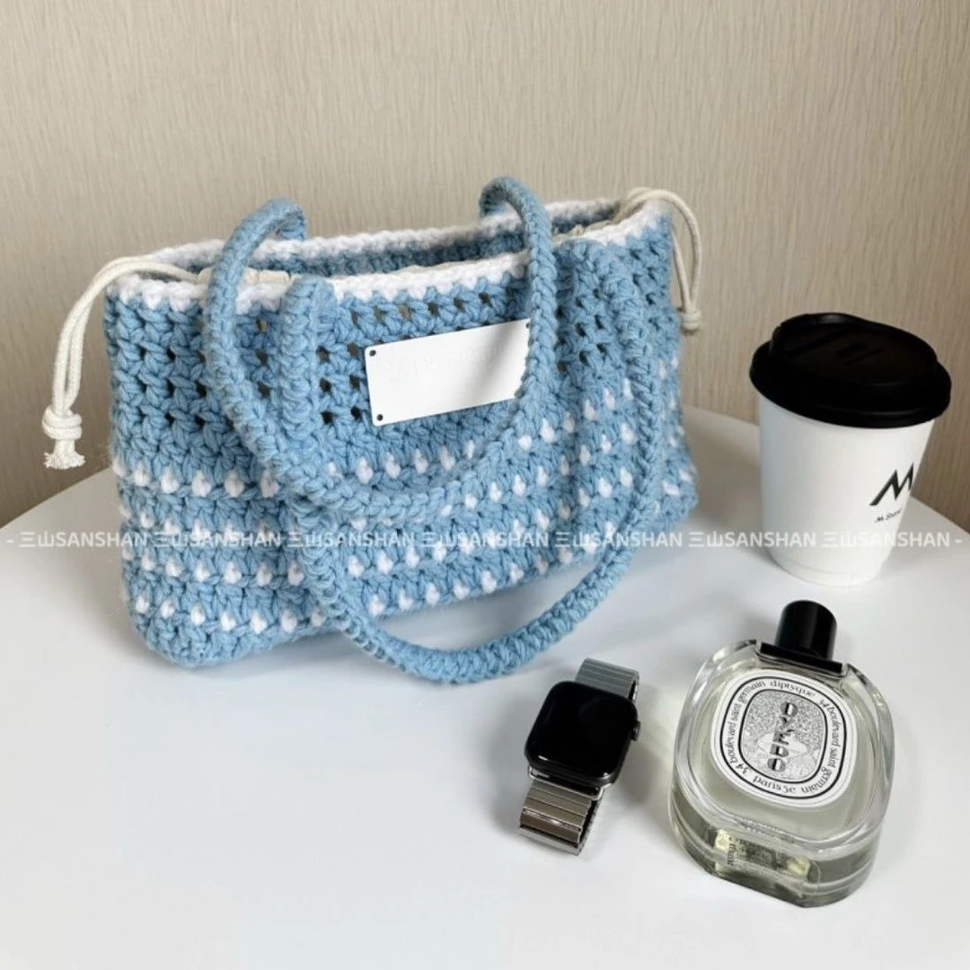 材料包！蓝色手提包diy毛线钩针钩织手工自制百搭ins风方包礼物DIY