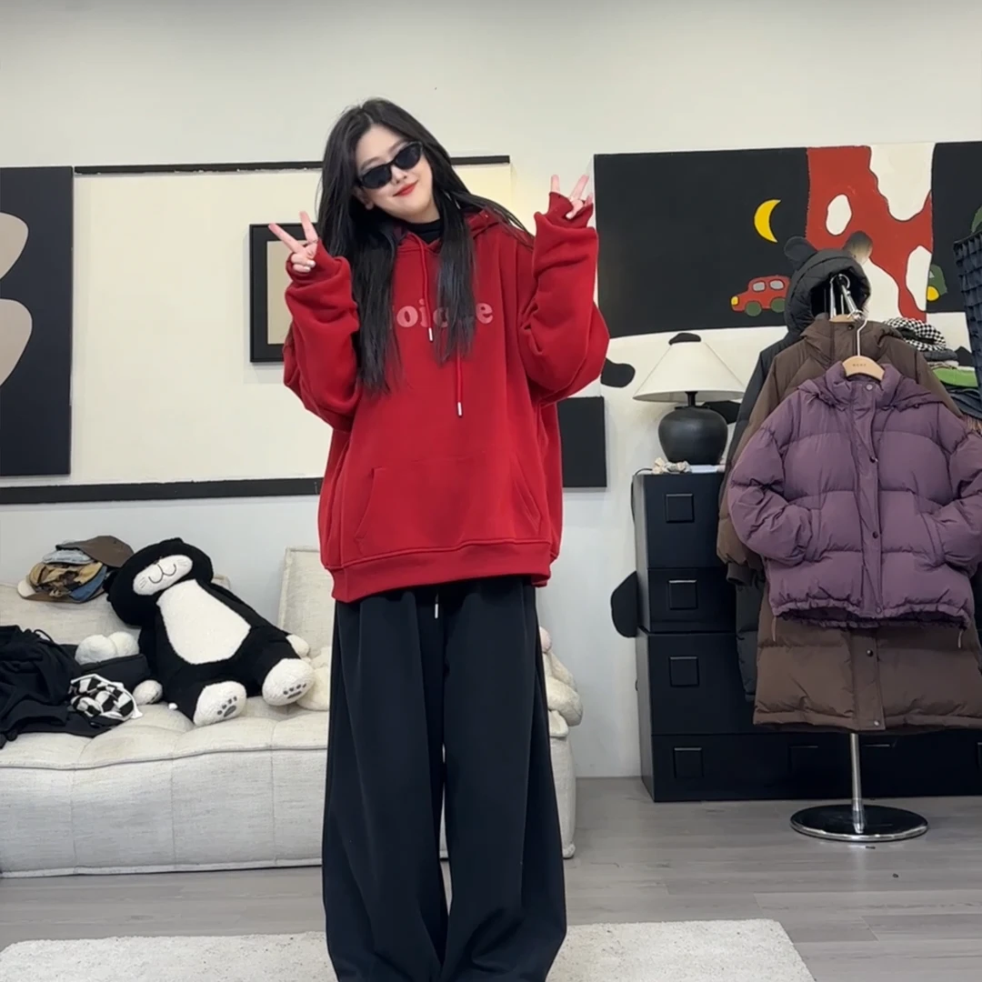 橘子罐头24年新款加绒加厚红色时尚百搭宽松ins秋冬休闲卫衣