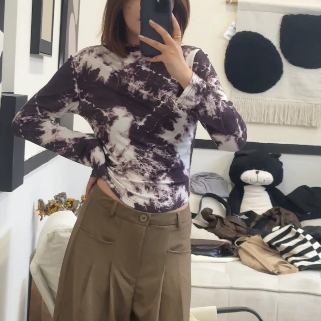 橘子罐头24新款显瘦长袖修身扎染夏季打底小衫