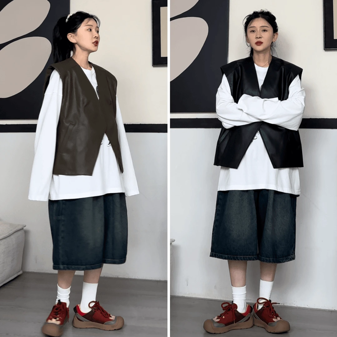 橘子罐头24新款宽松时尚休闲百搭无袖潮流情侣韩版两色皮衣马甲