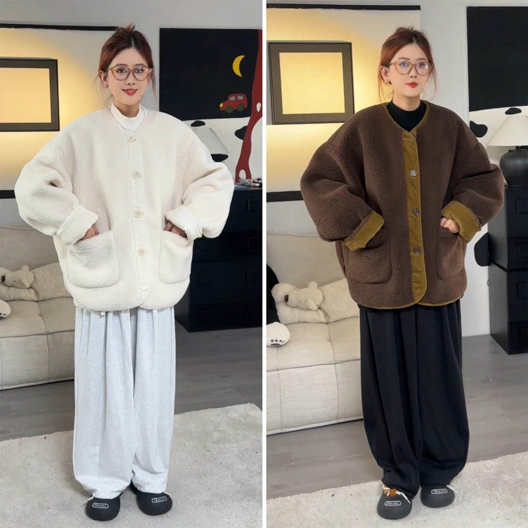 橘子罐头24新款时尚休闲宽松日系慵懒简约奶呼呼两色棉服外套