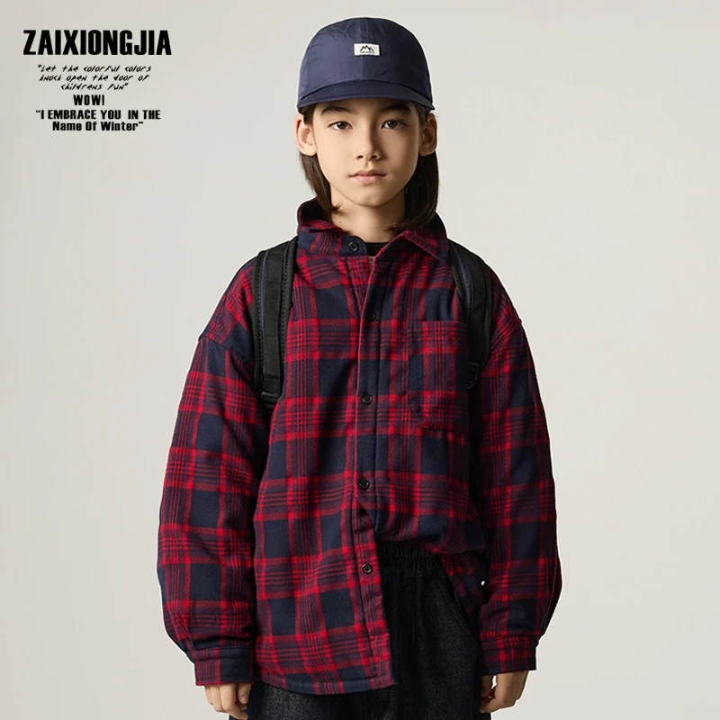 ZAIXIONGJIA夹棉加厚红色格子衬衫儿童外套秋冬打底衫宽松面
