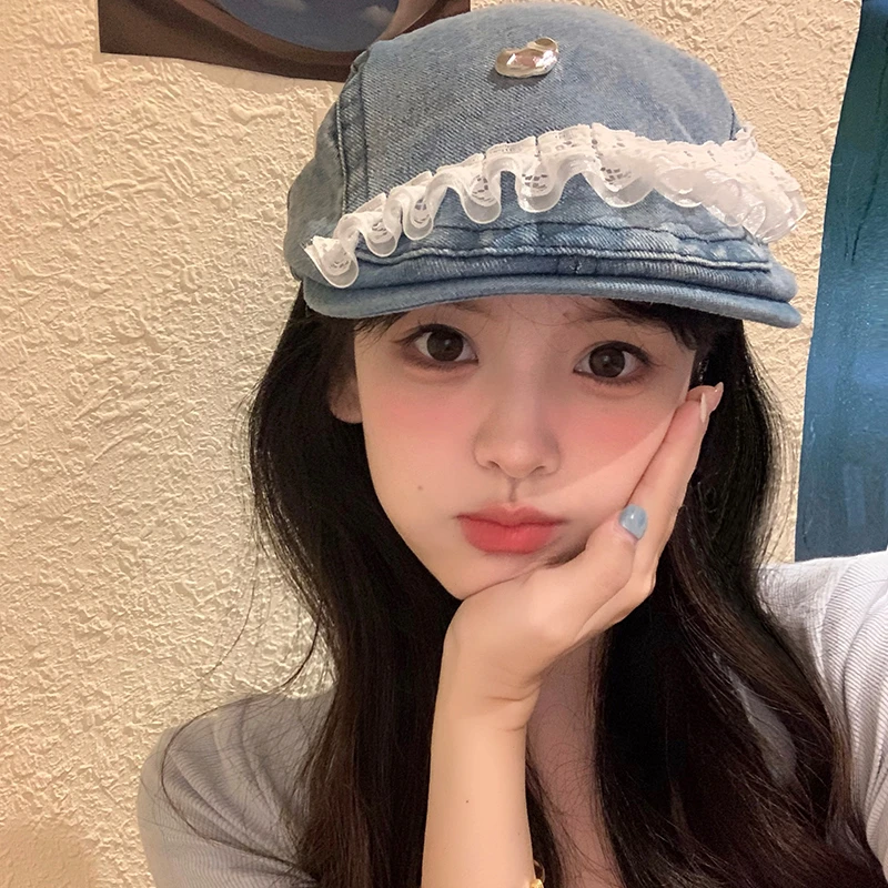牛仔蕾丝前进帽女2024新款可爱甜美ins贝雷帽显脸小百搭画家帽子
