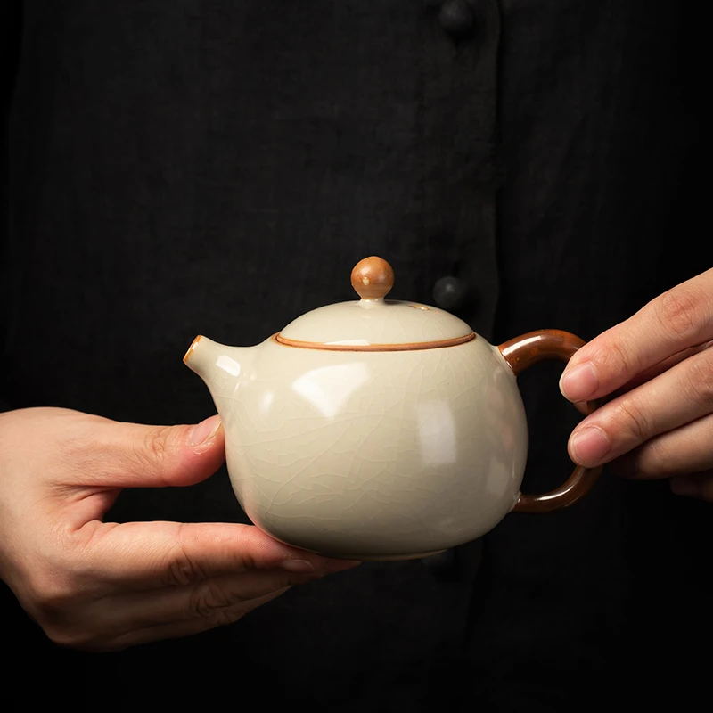 米黄汝窑大号西施壶功夫茶道茶具可养开片泡茶单壶家用陶瓷泡茶壶