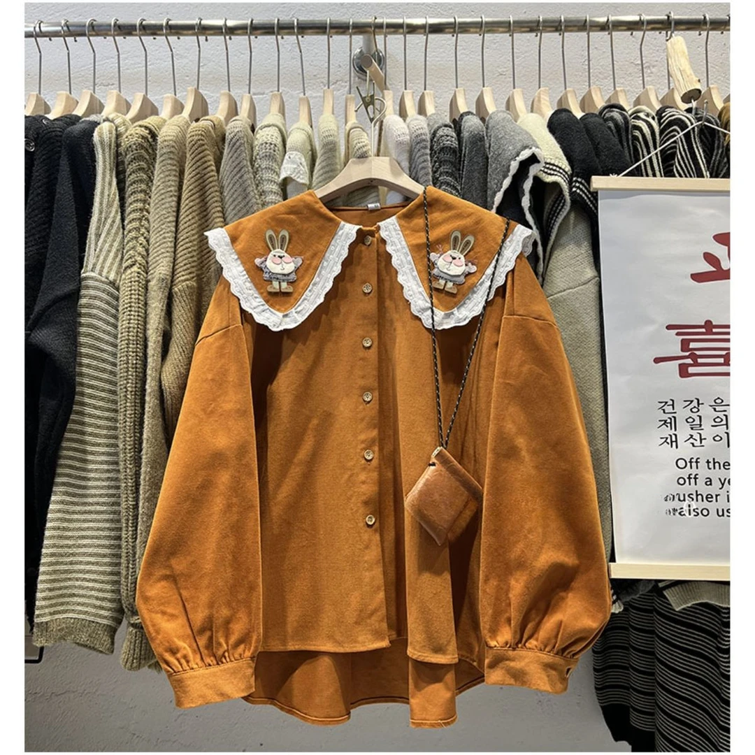 春秋大码300斤减龄学院风娃娃领兔子贴布宽松长袖衬衫显瘦衬衣潮