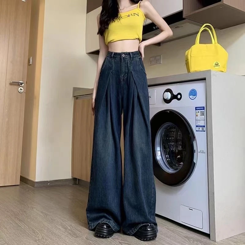 龙 美式褶皱阔腿牛仔裤女2024春季新款蓝灰色高腰宽松直筒拖地裤