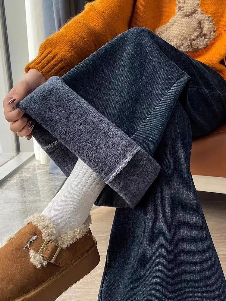 灰 2024加绒牛仔裤女新款高腰宽松显瘦直筒阔腿裤