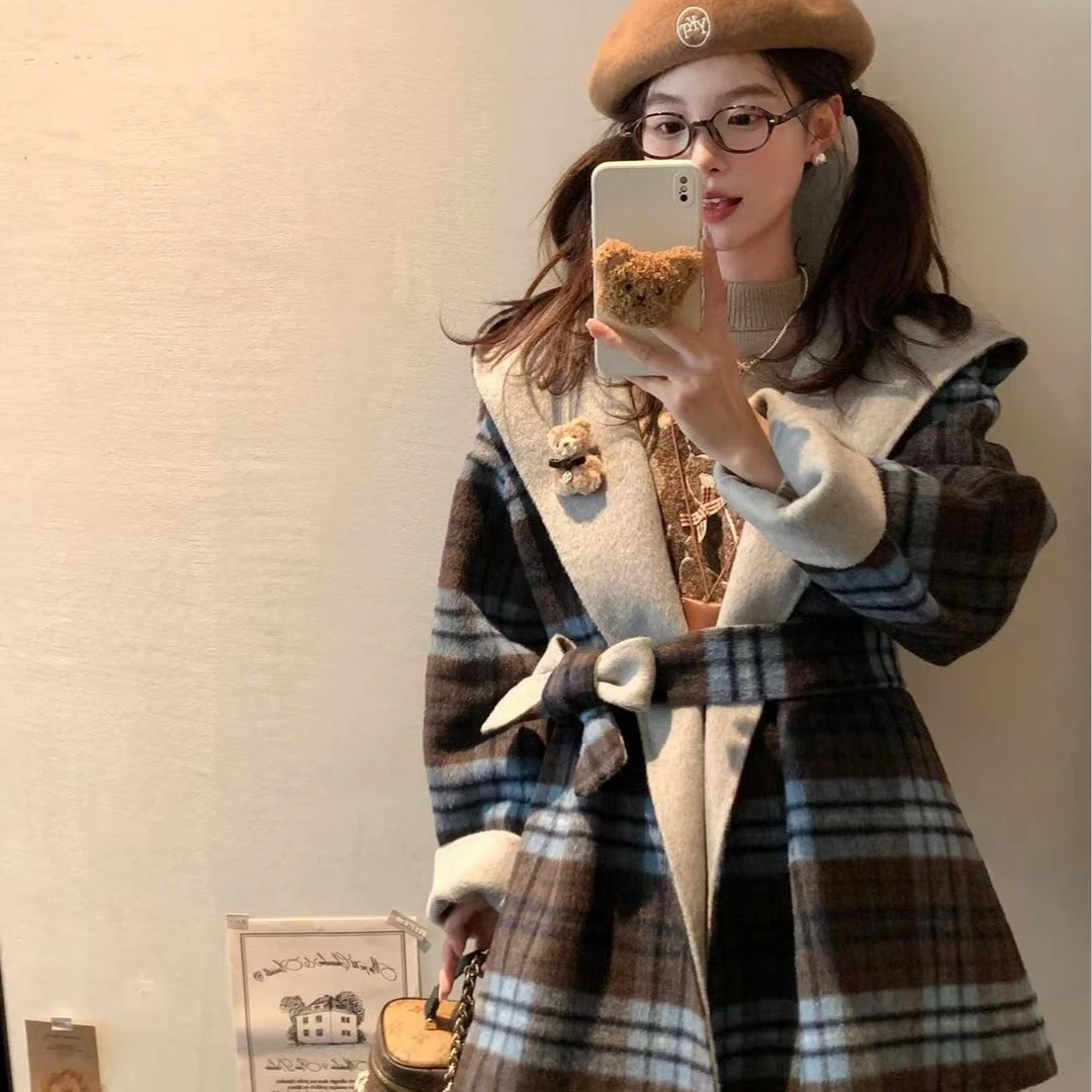 复古2024格子两穿双面羊毛大衣秋冬新款连帽外套宽松爆款羊毛外套