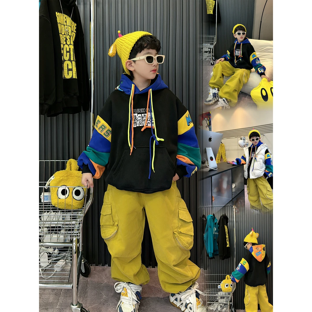 蛋蛋家【拼色卡通连帽卫衣】秋季新款洋气黑色拼色袖子卡通连帽卫衣