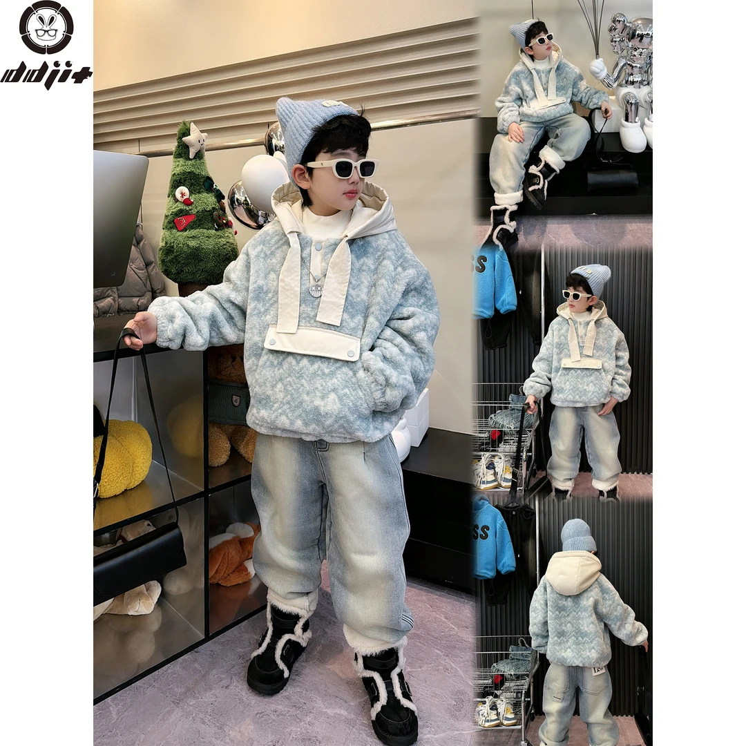 蛋蛋家【蓝色毛毛外套】冬季新款洋厚蓝色拼米色连帽毛毛卫衣外套