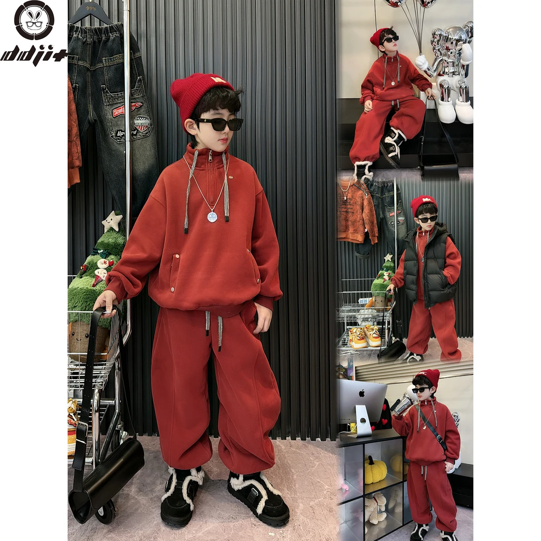 蛋蛋家【砖红色套装】冬季新款休闲砖红色半拉链加绒套装