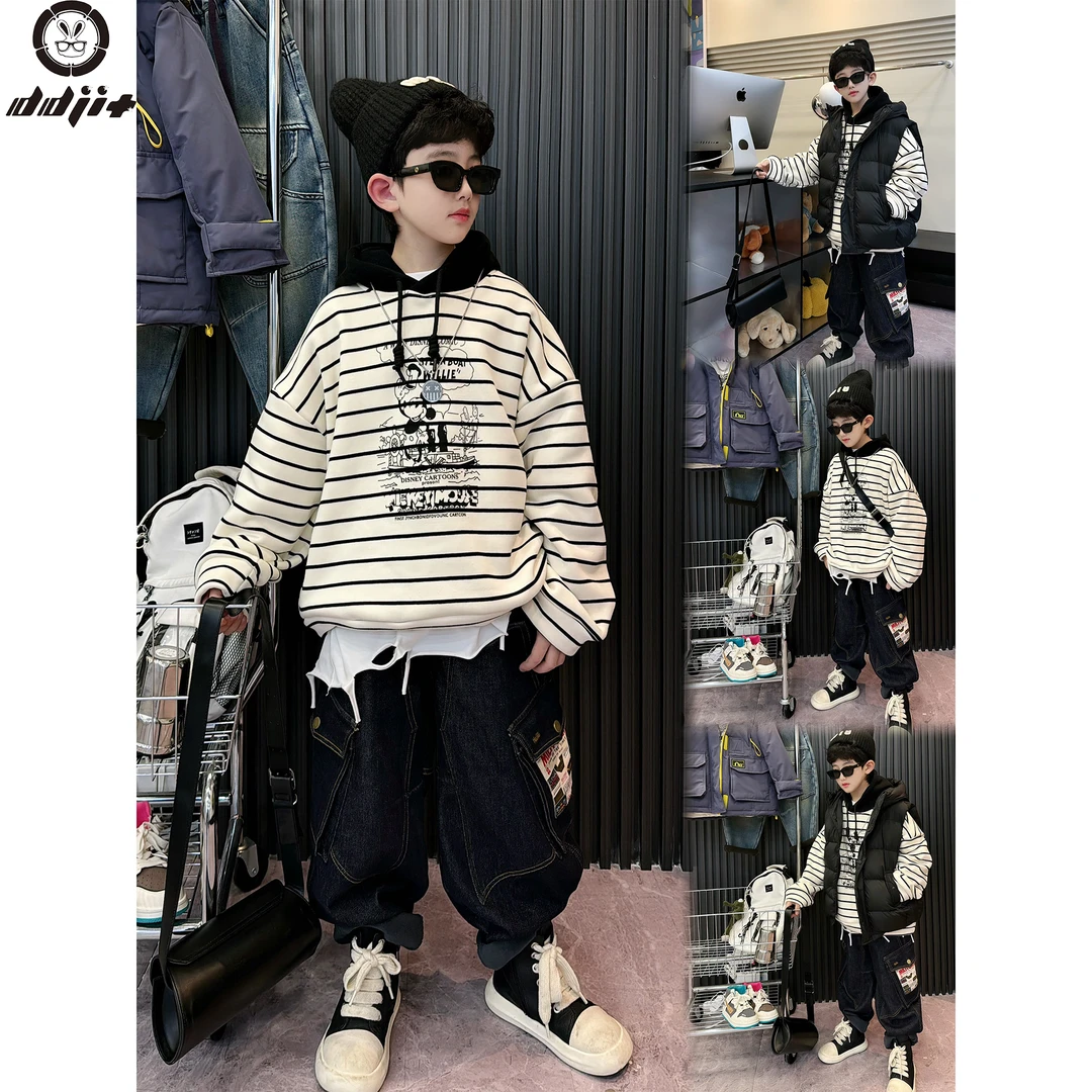 蛋蛋家【黑白条纹卡通卫衣】冬季新款洋气黑白条纹卡通连帽加绒卫衣