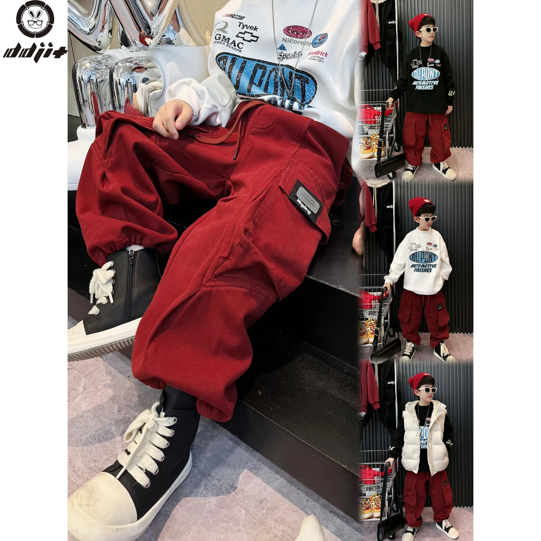 蛋蛋家【大红色工装裤】冬季新款洋气大红色加绒工装裤