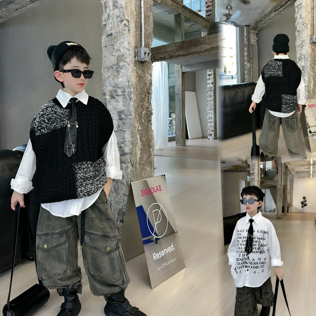 蛋蛋家【黑白拼色毛衣马甲】秋季新款儿童百搭黑白拼色毛衣马甲