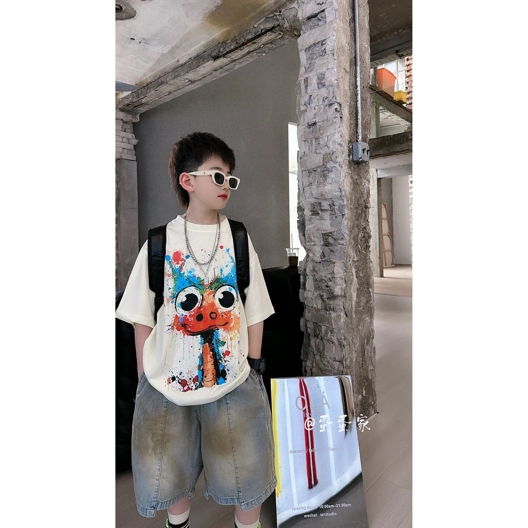 蛋蛋家【涂鸦龙T恤】夏季新款儿童米白色涂鸦龙短袖T恤