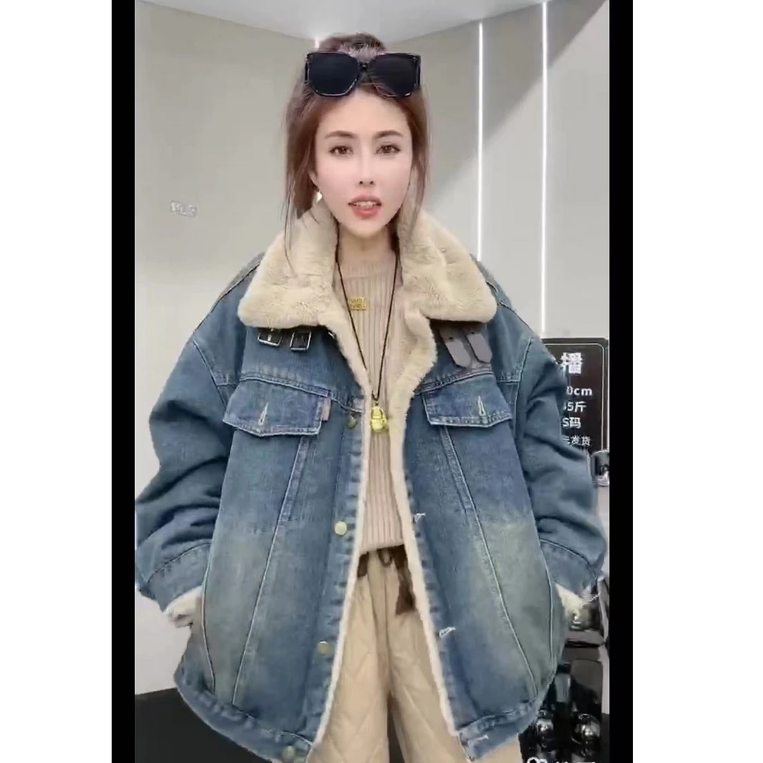 韩系复古加厚毛牛仔派克服外套胖mm2024显瘦新款宽松大码秋季女装