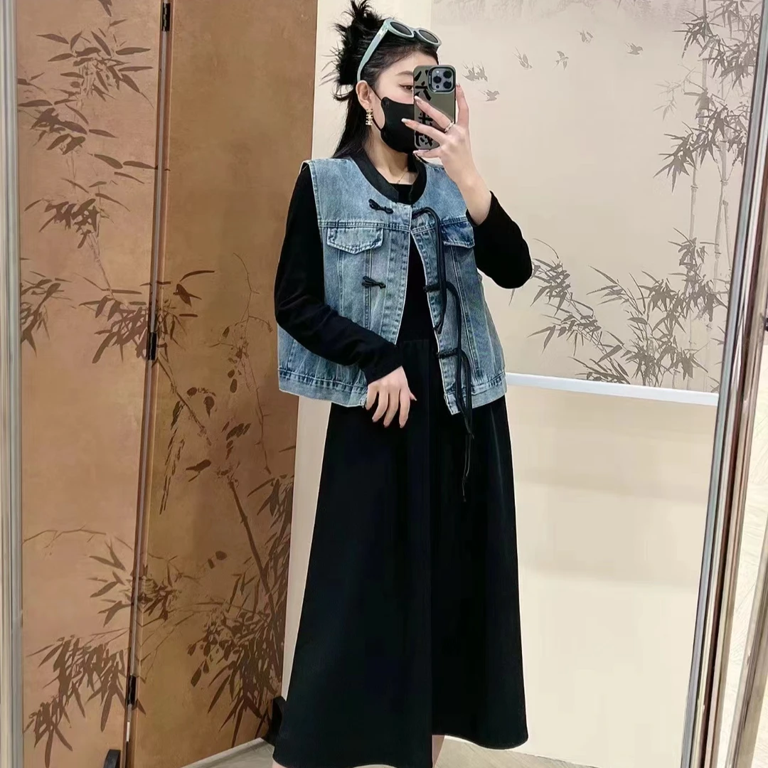 胖胖大码2024早春新款女装时尚显瘦牛仔马甲连衣裙两件套装2306