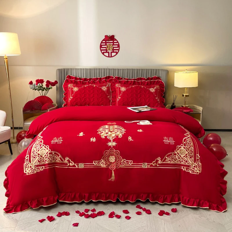 【四季款婚庆床裙】新款亲肤磨绣花毛婚庆夹棉加厚床裙四件套大红
