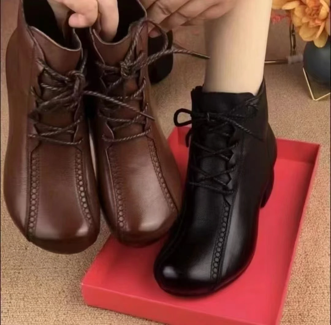 复古马丁棉靴春秋单靴短靴舒适圆头软底妈妈鞋高档真皮2024新款