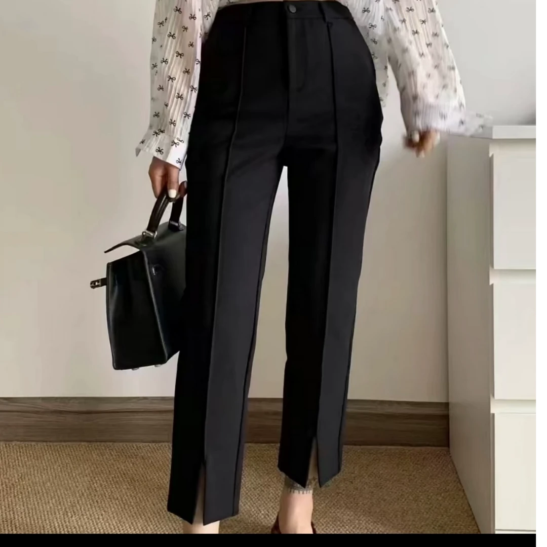 高腰前开叉显瘦百搭九分烟管裤九