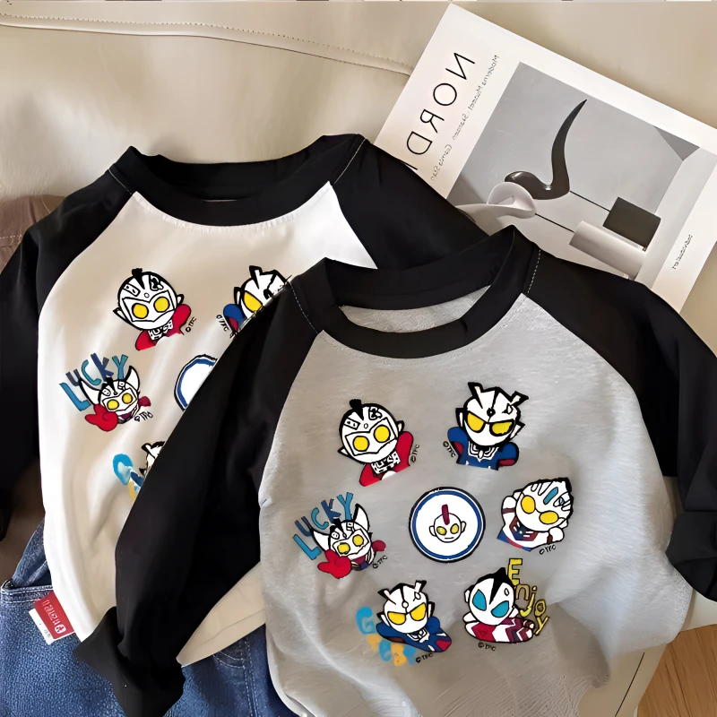 【纯棉】宝宝奥特曼男童卡通印花打底衫韩版儿童春秋季拼色长袖T恤A