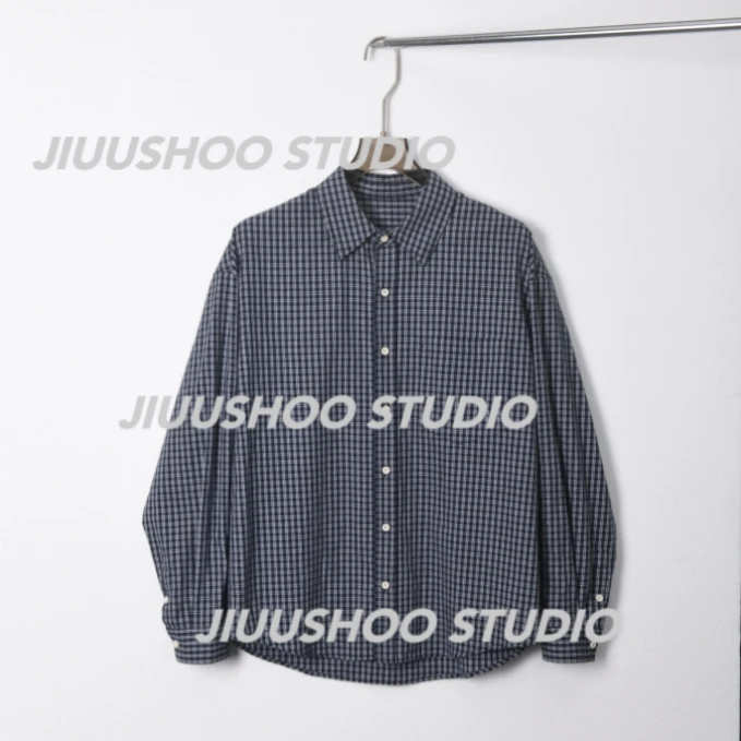 复古长袖衬衫男宽松休闲小格子经典宽松慵懒风翻领衬衫