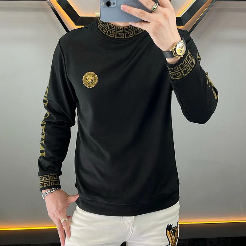 时尚新款卫衣男士潮流加厚圆领黑色秋冬青年长袖t恤打底衫男生T潮