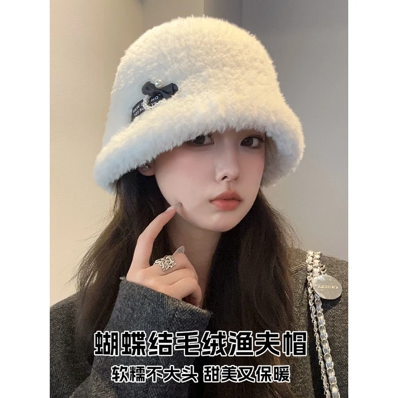 蝴蝶结毛绒渔夫帽女秋冬季大头围素颜百搭盆帽加厚保暖防寒护耳帽