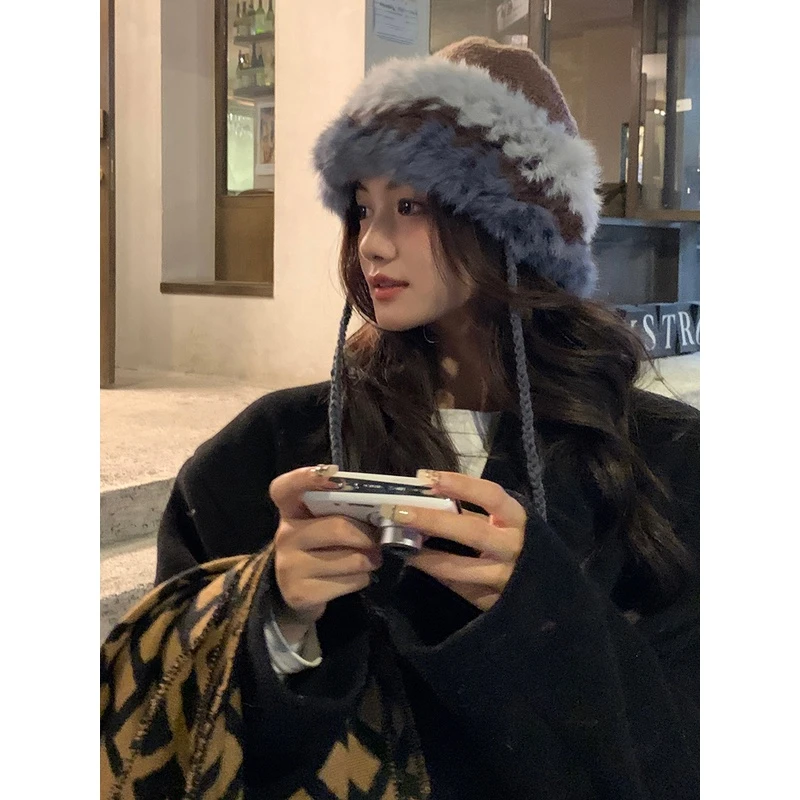 Dorain/朵澜兔毛针织帽女秋冬保暖毛线帽防寒套头毛绒护耳包头帽