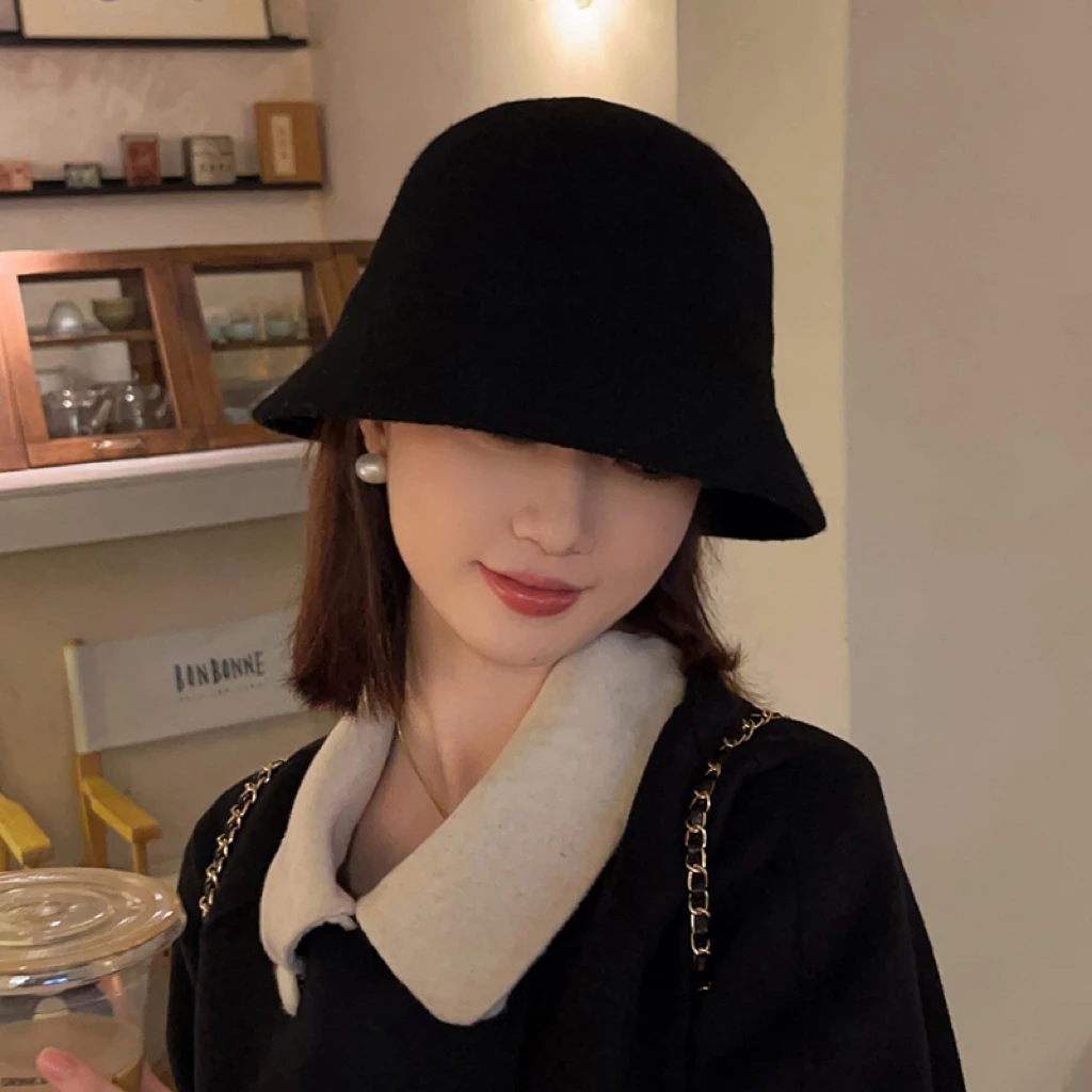 Dorain/朵澜羊毛渔夫帽子女秋冬保暖显脸小纯色百搭复古水桶盆帽