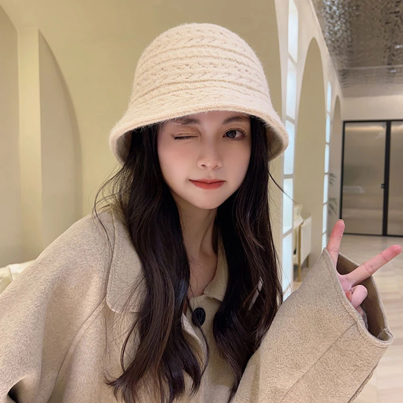 毛线帽女秋冬季新款纯色钩花设计感水桶帽百搭休闲简约针织渔夫帽