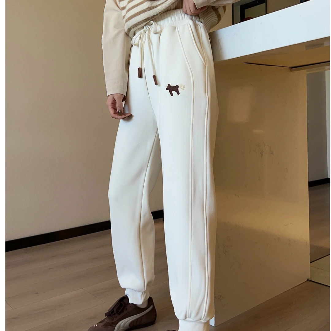 K189冬季加绒新款时尚韩版潮流刺绣小马女士休闲百搭运动卫裤
