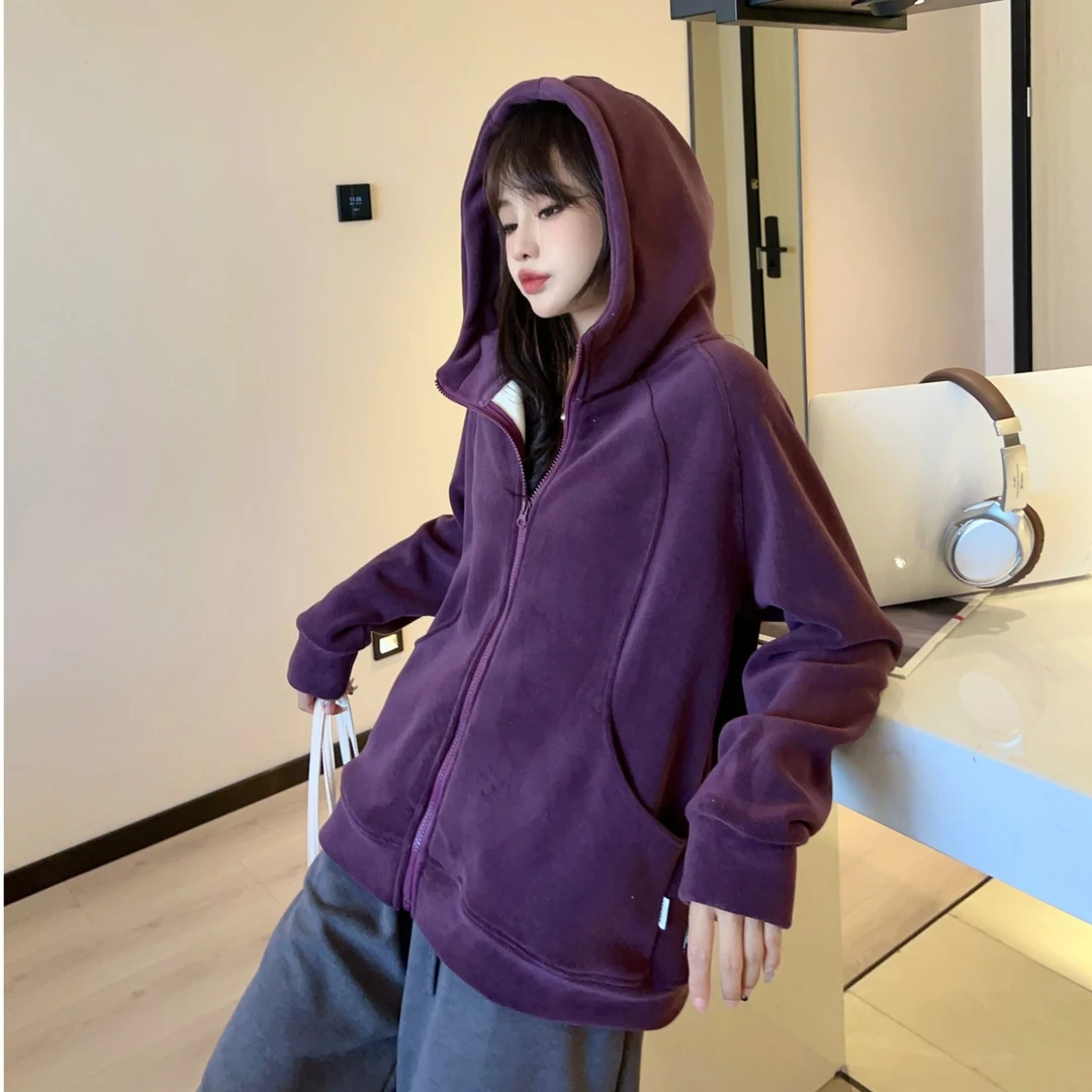 L117冬季新款时尚潮流韩版收腰双面绒净版拉链女士连帽外套24-161