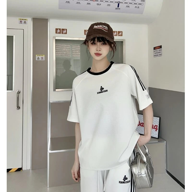 T061夏季新款时尚潮流百搭韩版刺绣字母AR拉条短袖女士套装24-38