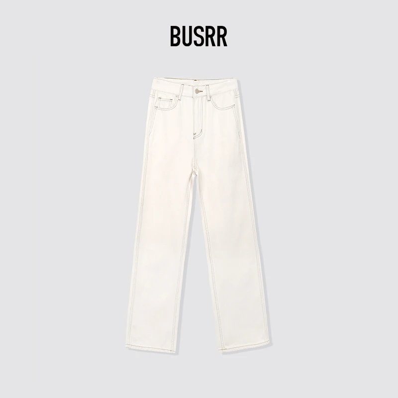 Busrr2025年新版女宽松直筒休闲牛仔裤春季百搭水洗椰奶白女款