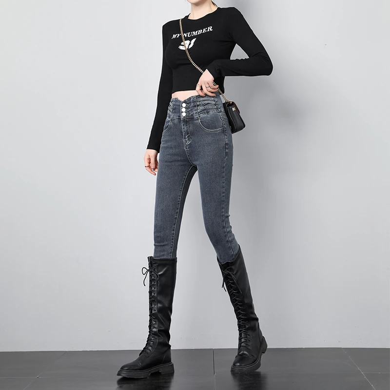 Busrr加绒高腰牛仔裤女秋冬季2023新款烟灰色弹力紧身铅笔小脚裤