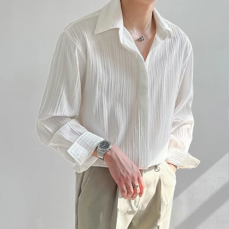韩版慵懒长袖衬衫男士高级感秋季肌理褶皱感痞帅开衫宽松百搭休闲